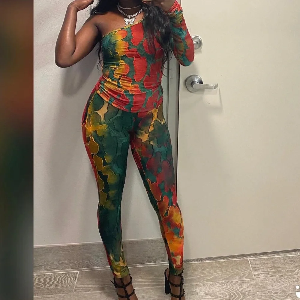 Asymmetrical One-Shoulder Floral Print Two Piece Set - Multicolor - Picture 2 of 3